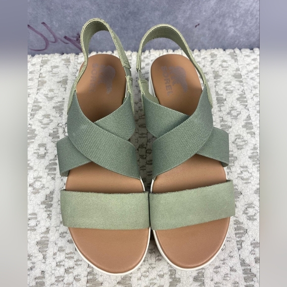 SOREL Cameron Flatform Slingback Suede/Fabric Sandals-Chrome Grey/Chalk Size 8 - Picture 8 of 13